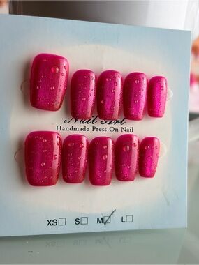 Handmade Press On Nails - Hot Pink Set with 3d water drop design Medium
